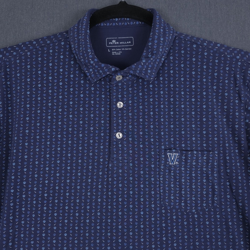 Peter Millar Villanova Performance Golf Polo Mens Large Blue AOP Short Sleeve‎